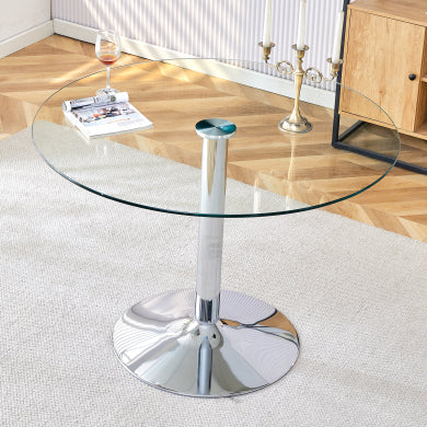 39.7" Round Glass Tabletop Dining Table with Silver Metal Legs - DT-1166 - Modern Minimalist for Restaurant, Living Room, Conference Room - Minihomy