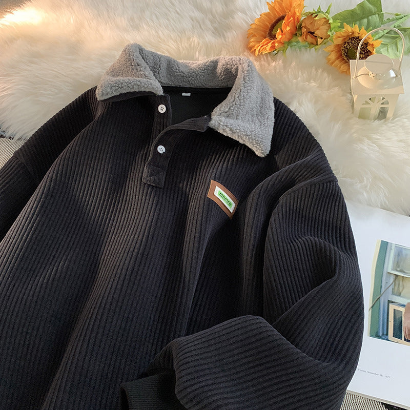 Men's Fleece-lined Thick Corduroy Polo Collar Sweater