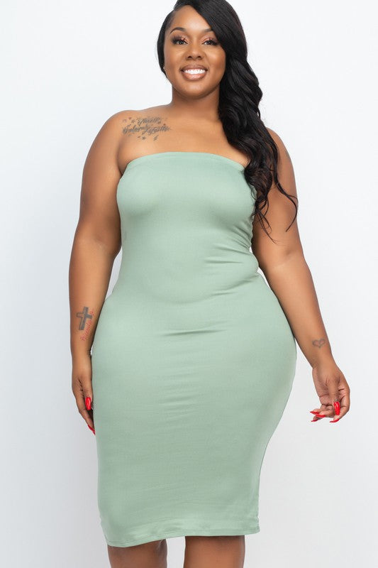 Plus Size Solid Strapless Tube Bodycon Midi Dress - Minihomy