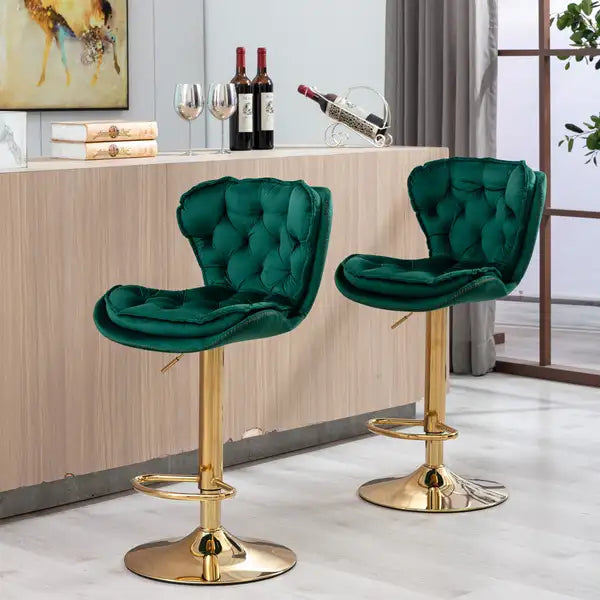 Swivel Bar Stools Set of 2, Height Adjustable Velvet Upholstered with Chrome Base - Green