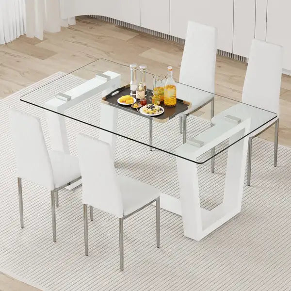 White Dining Table Set with 4 Checkered PU Chairs, Tempered Glass Top & Metal Legs