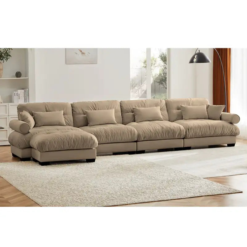 Camel Velvet L-Shaped Sectional Sofa - 4 Seater Modular Couch