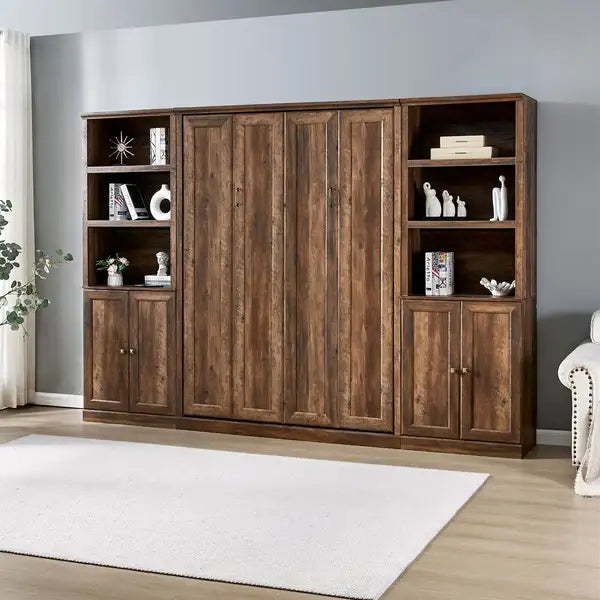 Full Size Murphy Bed with Storage | Space-Saving Cabinet Bed for Guest Room, Home Office (Brown) - Minihomy