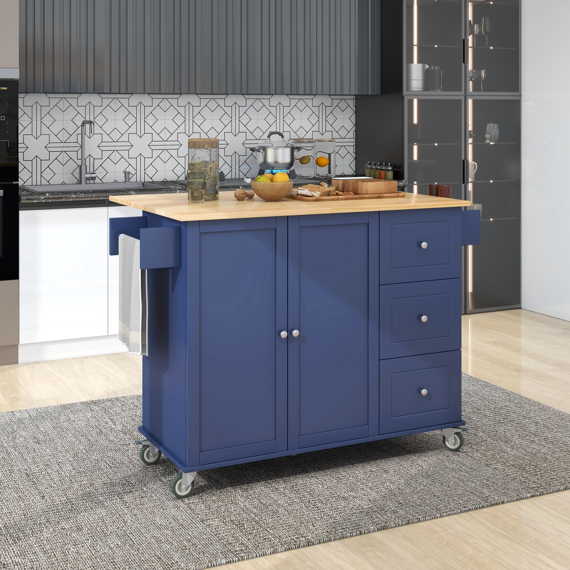 Rolling Kitchen Island with Drop Leaf - Solid Wood Top, Storage Cabinet, Locking Wheels (52.7", Dark Blue)