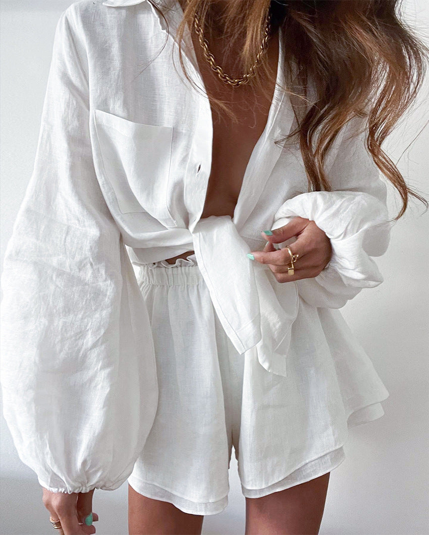 Cotton Linen Women's Long-sleeved Top Ruffle Shorts Two-piece Casual Suit