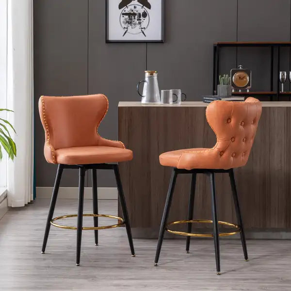 Modern Bar Stools, Set of 2, Swivel, Orange Leatherette, Gold Nailhead Trim - Minihomy