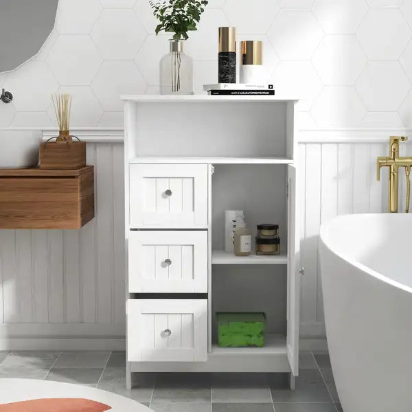 White Bathroom Storage Cabinet: 3 Drawers & 1 Door