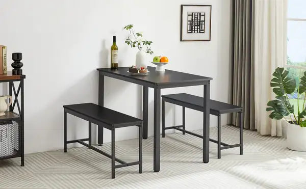 Black Industrial Dining Table Set with 2 Benches - Kitchen, Breakfast, Living Room, Party Room, 43.3"L x 23.6"W x 29.9"H - Minihomy