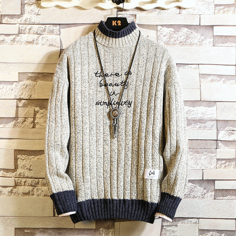 Long sleeve thick half high neck letter pullover sweater for men