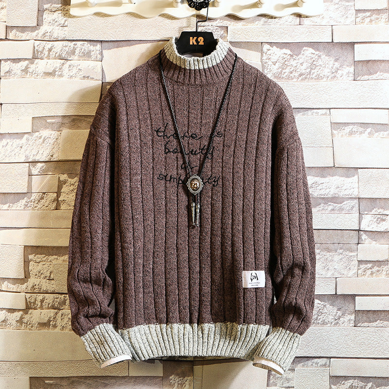 Long sleeve thick half high neck letter pullover sweater for men