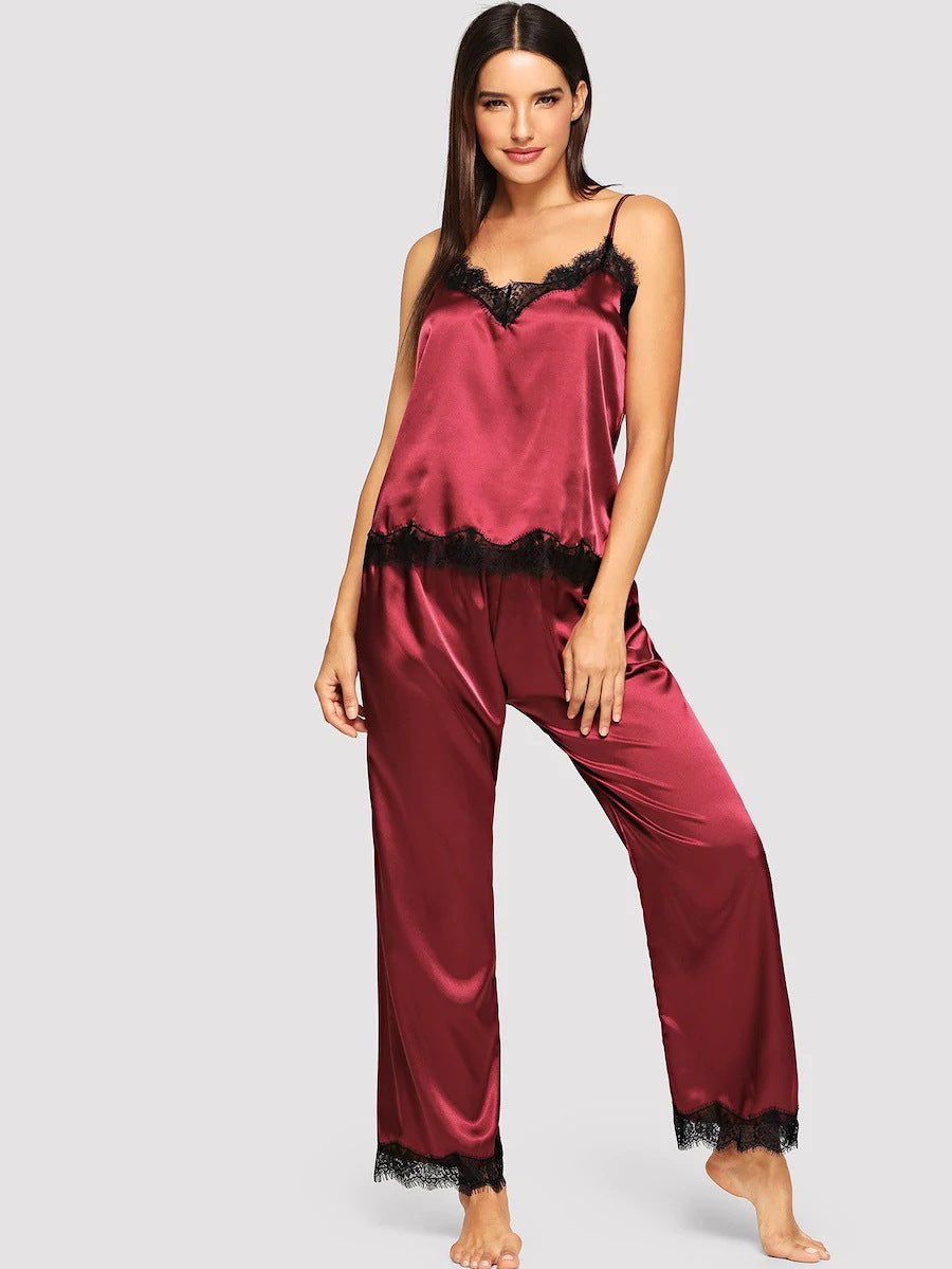 Ladies Simulated Silk V-neck Lace Sling Pajamas Home Wear