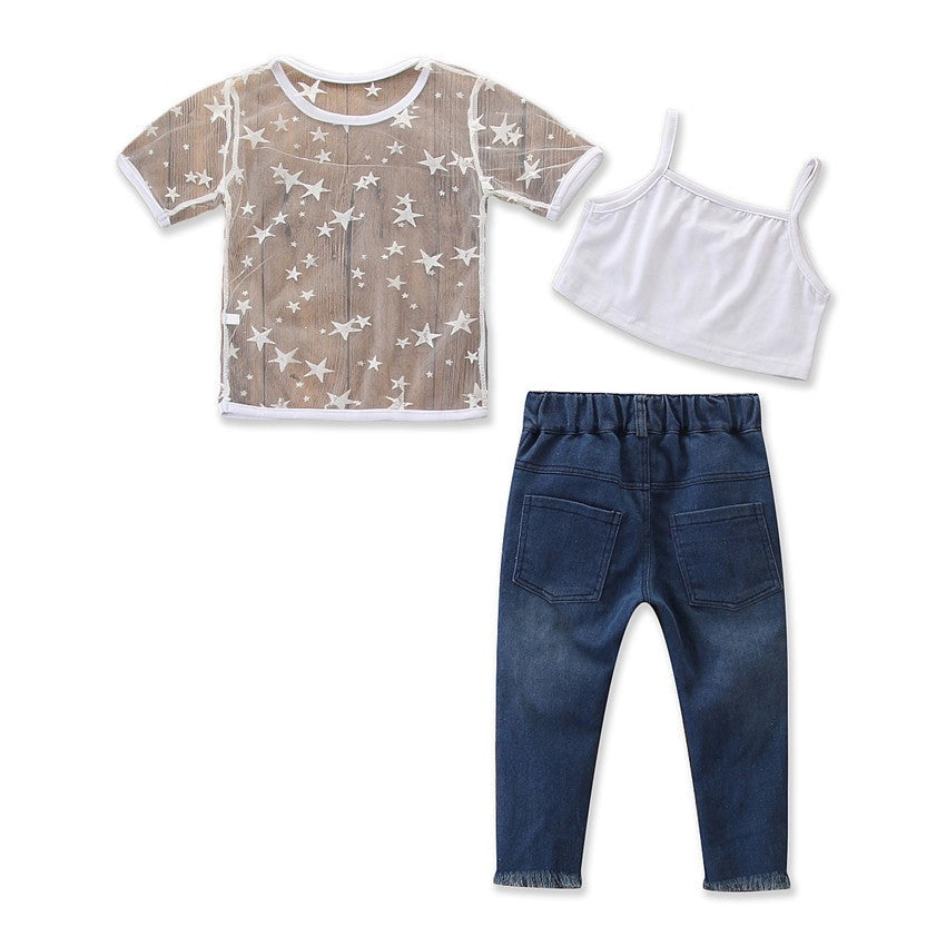 Toddler Kids Girls Short Sleeve Star T-shirt Tops Denim pants