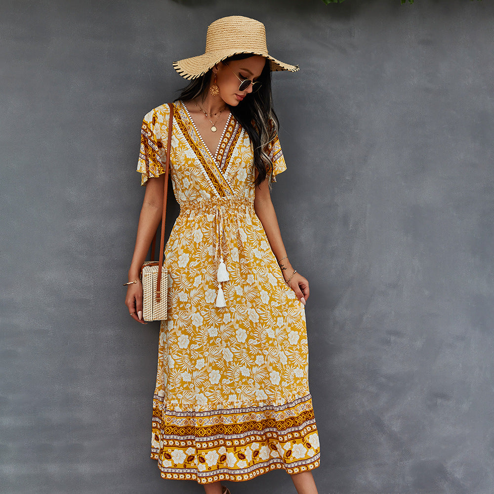 Bohemian Dress Summer Women Clothing Loose V-Neck Casual Beach Sundresses