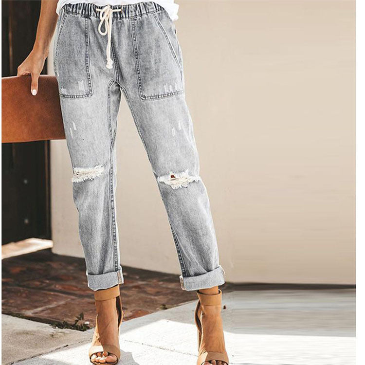 Straight Ripped Jeans For Women Drawstring Trousers With Pockets Pants