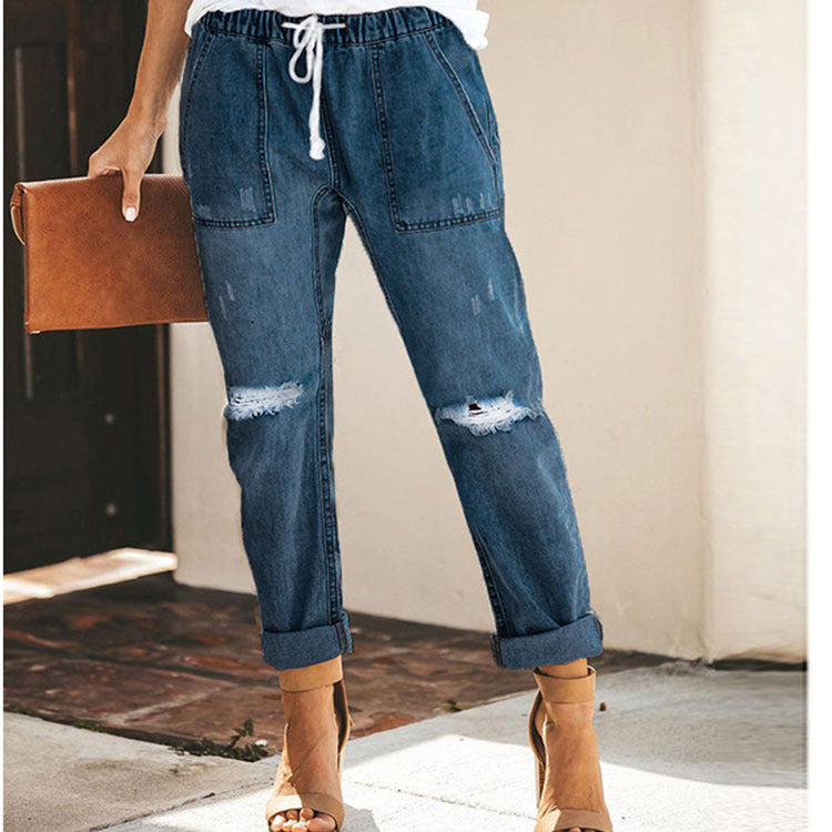 Straight Ripped Jeans For Women Drawstring Trousers With Pockets Pants