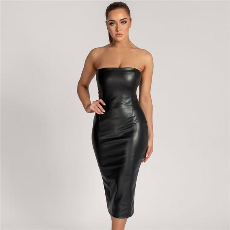 Pure Color PU Leather Temperament Slim Tube Top With Rear Slit
