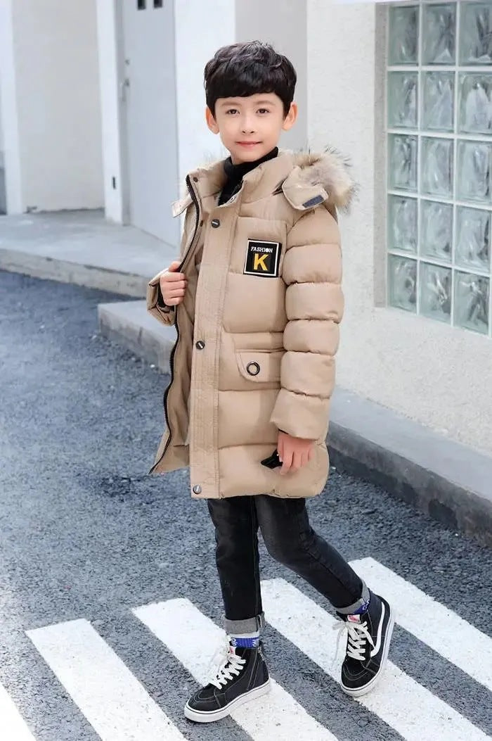 Children's Hooded Cotton Coat With Fur Collar And Cotton Quilted Jacket