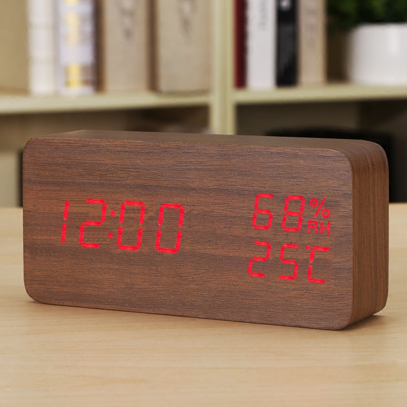 Baby Room Humidity Alarm Clock Wooden Clock Led Luminous Silent Alarm Clock Multifunctional Electronic Clock - Minihomy