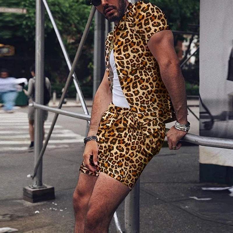 Summer Wear Men Sets Leopard Printed Lapel Short Sleeve
