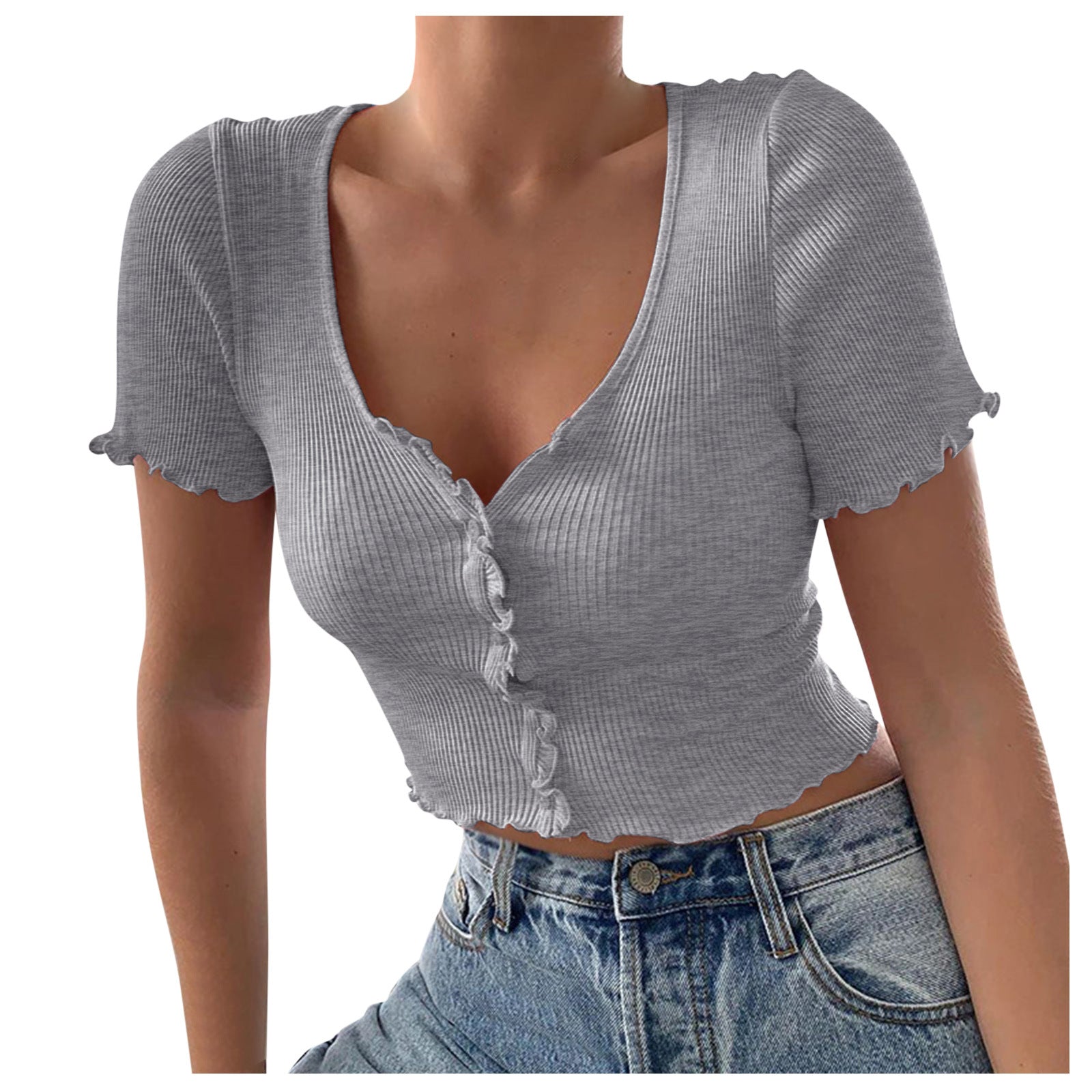 V Neck Ruffles Short Sleeve T Shirt Women Summer Casual Button Crop Top