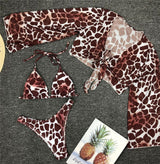 Long Sleeve Mesh Bikini Swimwear Women Three Pieces Leopard Swimsuit
