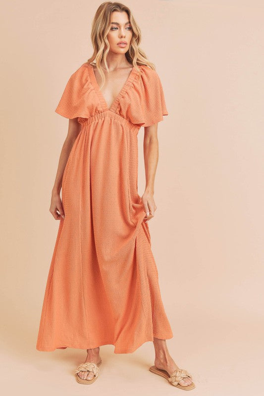 Liane Dress - Versatile Maxi with V-Neck, Empire Waist, Flutter Sleeves