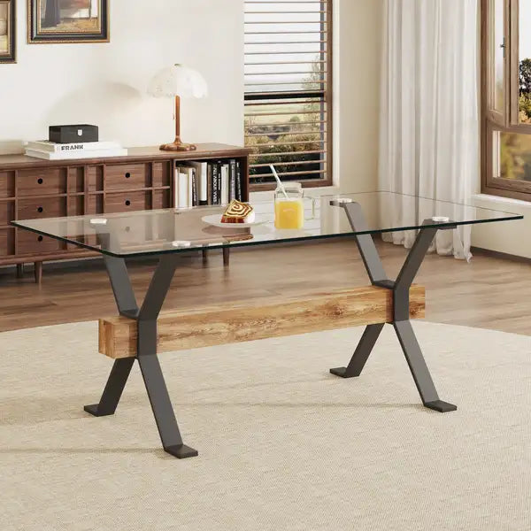 Modern Tempered Glass Dining Table with Black Metal Legs - 70.9" x 35.4" x 30" - Home & Office Use - Minihomy