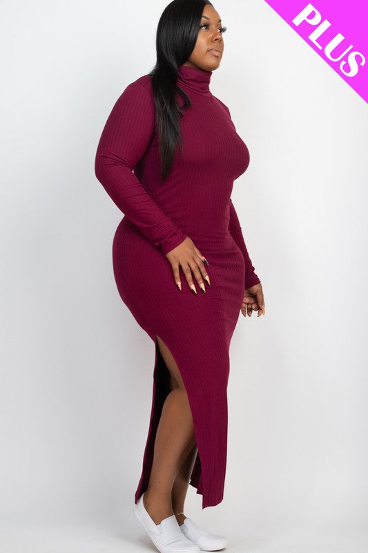 Plus Size Curvy Long Sleeve Side Slit Long Dress - Minihomy