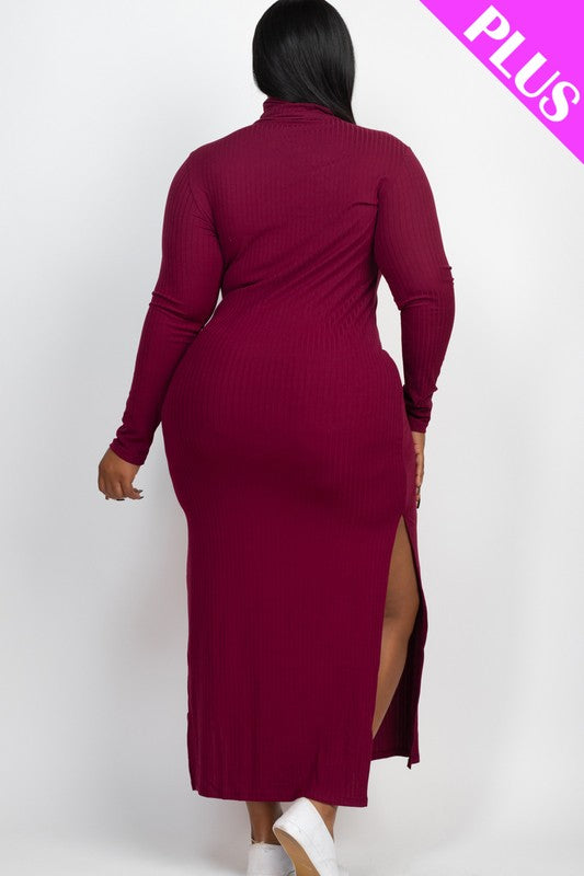 Plus Size Curvy Long Sleeve Side Slit Long Dress - Minihomy