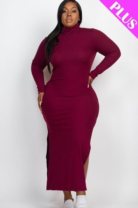 Plus Size Curvy Long Sleeve Side Slit Long Dress - Minihomy