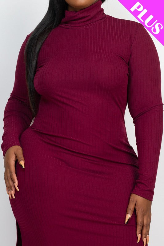 Plus Size Curvy Long Sleeve Side Slit Long Dress - Minihomy