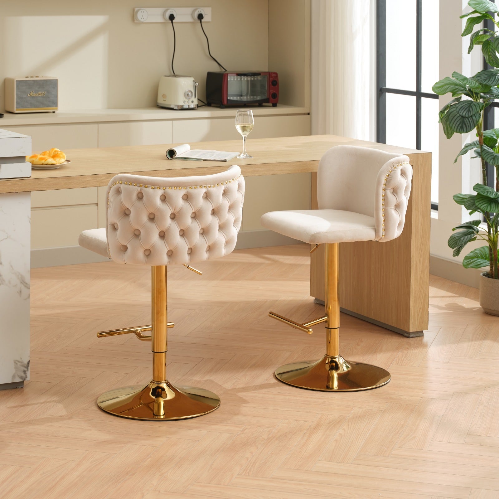 Beige Velvet Swivel Bar Stools with Gold Base, Adjustable Height, Set of 2 - Home Pub & Kitchen Island