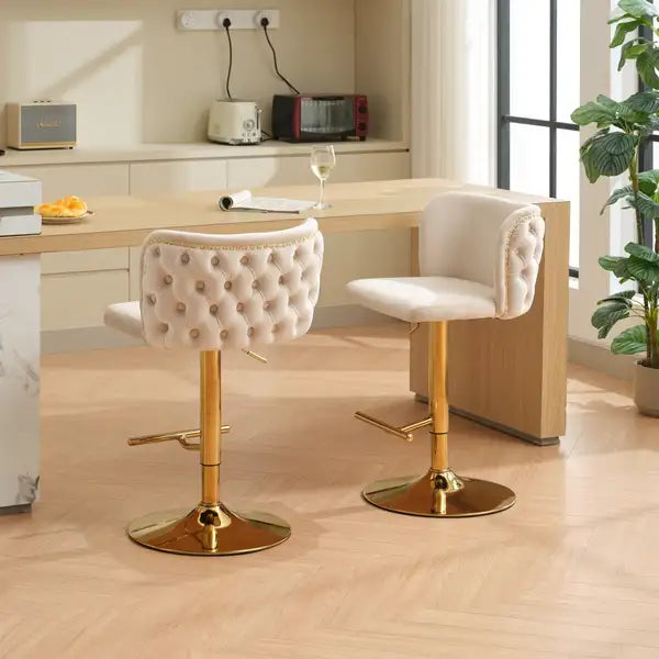 Beige Velvet Swivel Bar Stools with Gold Base, Adjustable Height, Set of 2 - Home Pub & Kitchen Island