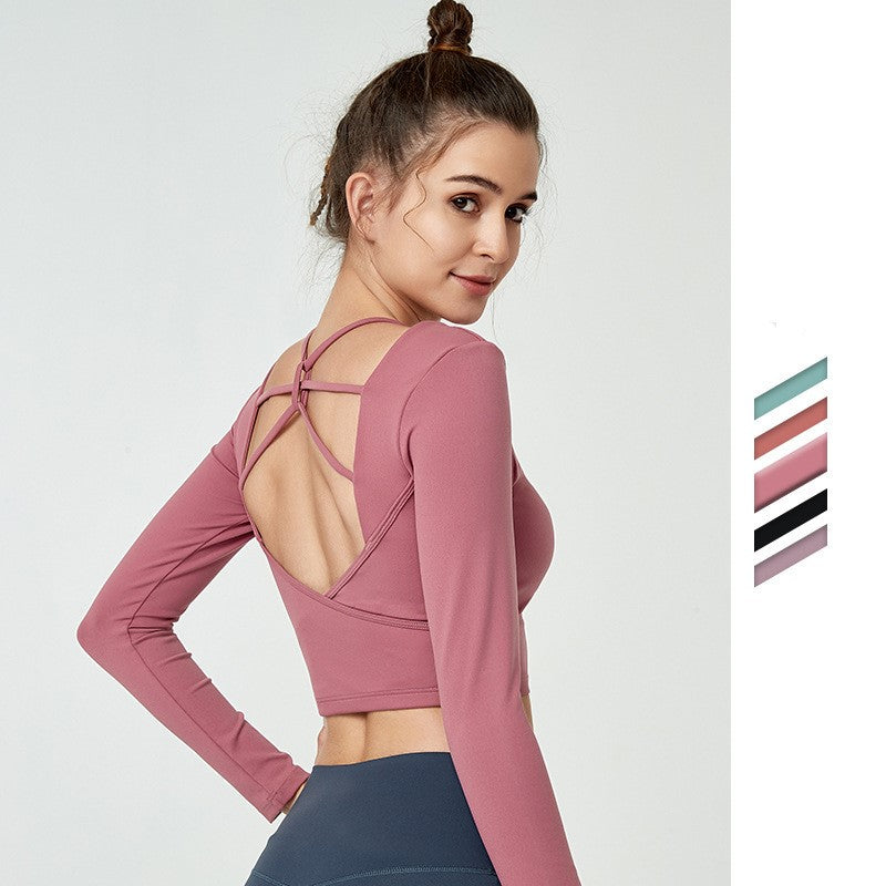 Plain Backless Yoga Sport Long Sleeved Shirts Slim Fit Anti-sweat Fitness Cropped Tops