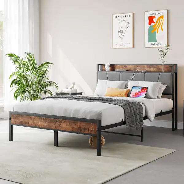 Full Size Bed Frame with Storage Headboard, Charging Station - Vintage Brown & Gray, Easy Assembly