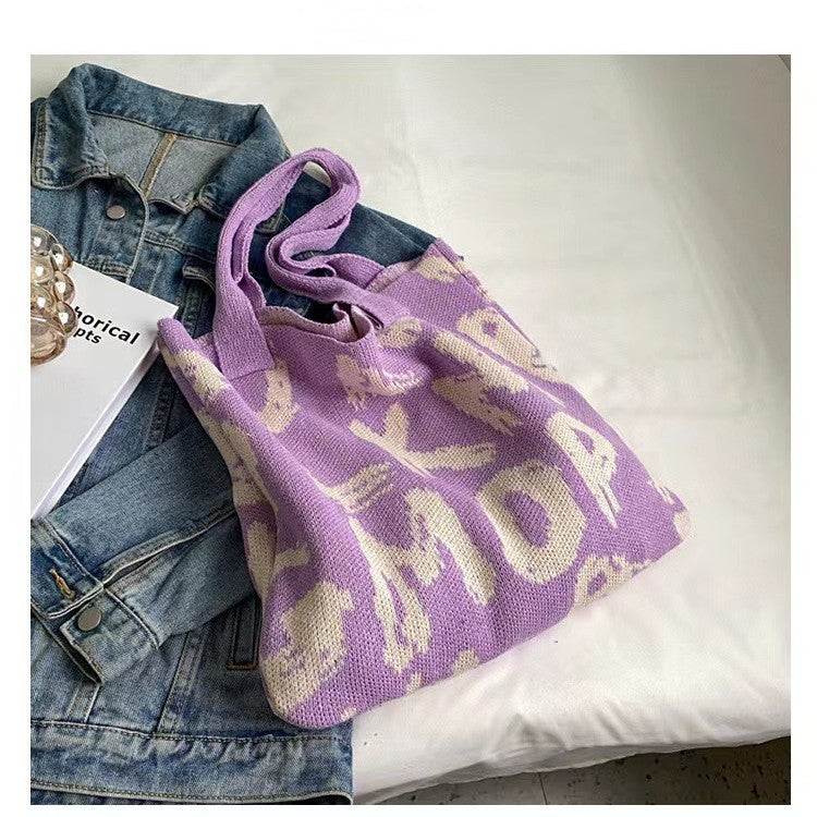 Letter Printed Knit Bag Shopping Shoulder Bag Large Capacity Handbag