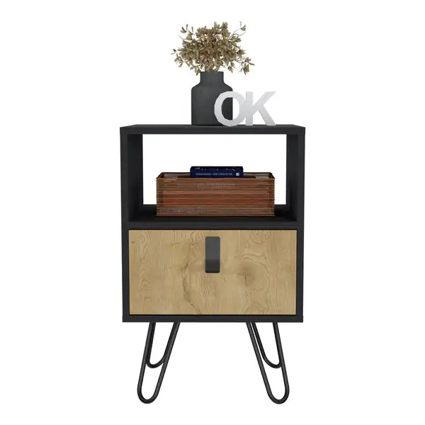 Black Nightstand with Hairpin Legs & Drawer - 24" Tall, Macadamia Accent Table - Minihomy