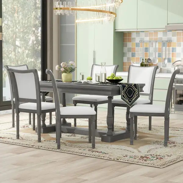 TREXM 7-Piece Dining Set - Gray Trestle Base Table & Upholstered Chairs