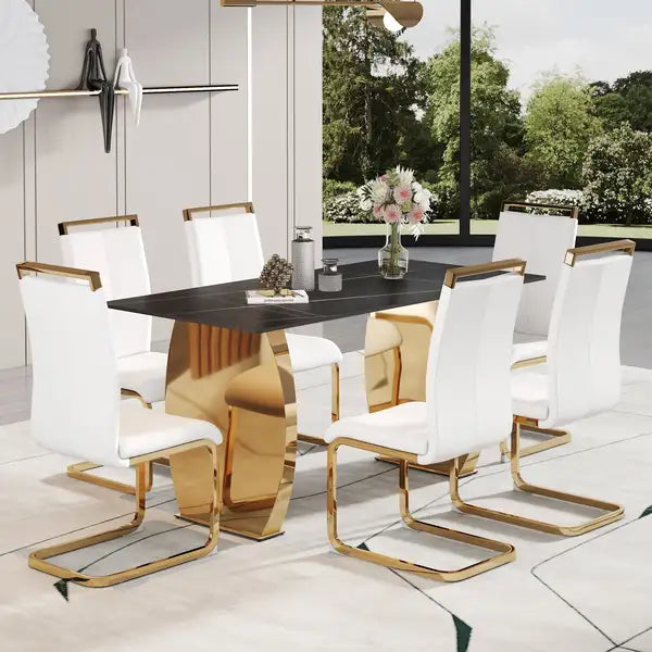 Modern Dining Table & Chair Set - Black Patterned Top, Gold Legs, PU Seats