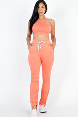 Women's Crop Top & Ruched Drawstring Pants Set - Casual Summer Outfit