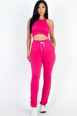 Women's Crop Top & Ruched Drawstring Pants Set - Casual Summer Outfit