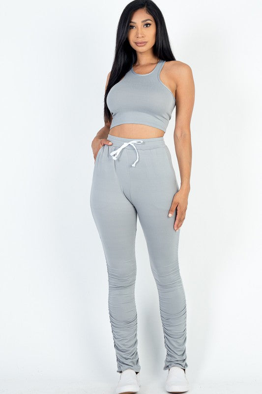 Women's Crop Top & Ruched Drawstring Pants Set - Casual Summer Outfit