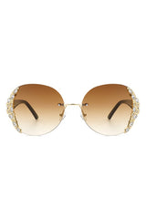 Women Rimless Round Rhinestone Oversize Sunglasses