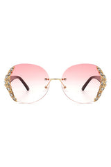 Women Rimless Round Rhinestone Oversize Sunglasses