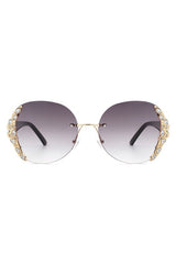 Women Rimless Round Rhinestone Oversize Sunglasses