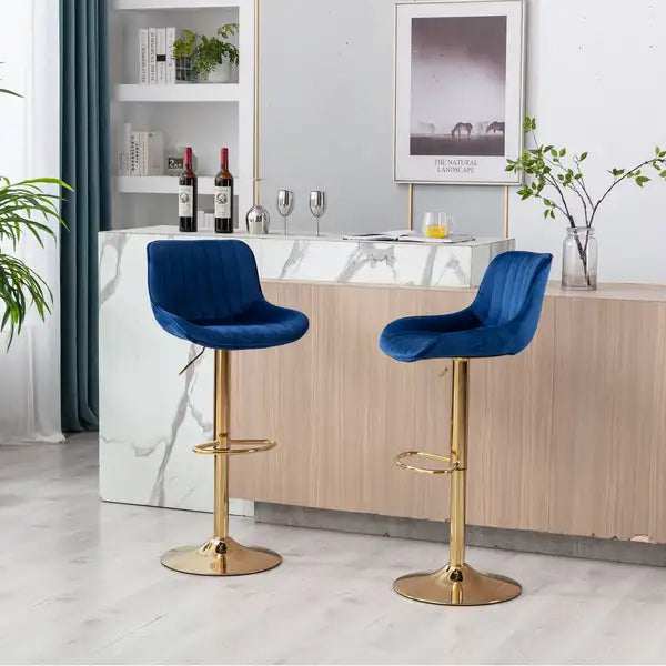 Navy Velvet Bar Stools Set of 2 | Swivel, Height Adjustable, Chrome Base - Minihomy