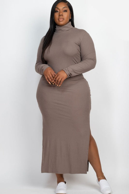 Plus Size Curvy Long Sleeve Side Slit Long Dress - Minihomy