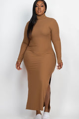 Plus Size Curvy Long Sleeve Side Slit Long Dress - Minihomy