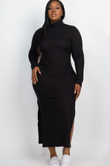 Plus Size Curvy Long Sleeve Side Slit Long Dress - Minihomy