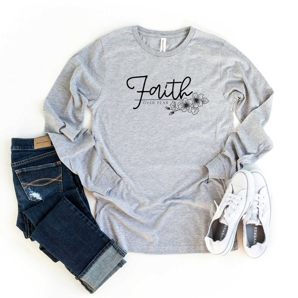 Faith Over Fear Floral Long Sleeve Graphic Tee - Women's Casual Shirt